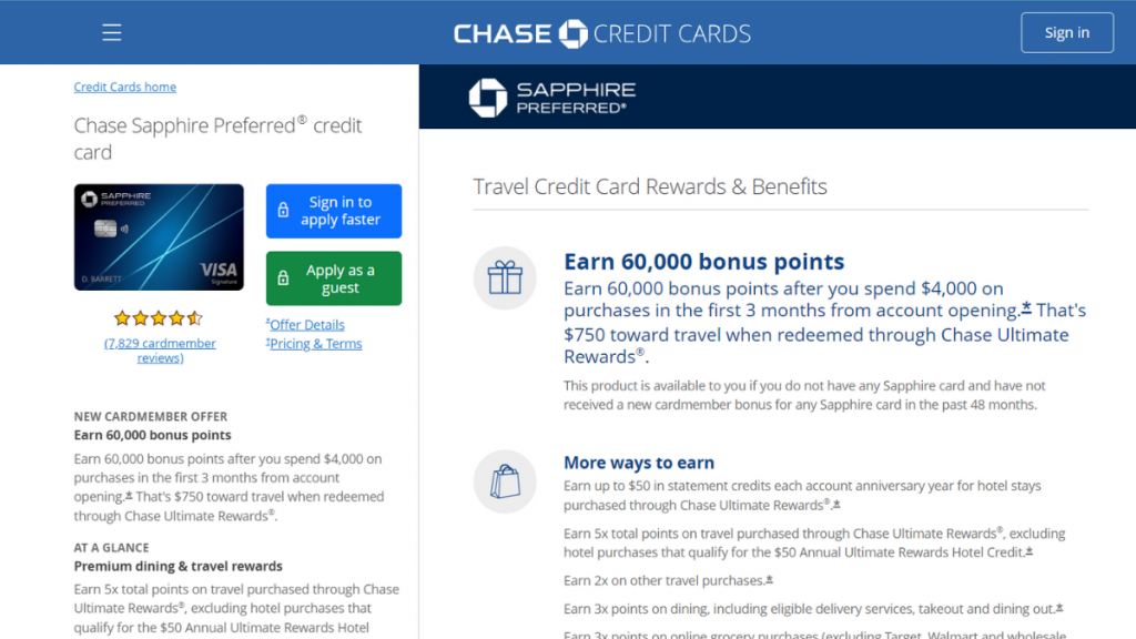 Chase Sapphire Preferred Card home page