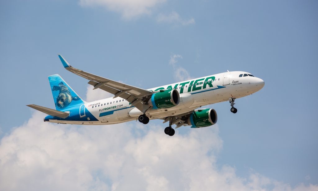 Chicago, USA - July 7, 2020: Frontier Airlines Airbus A320 with the Sea Lion livery approaching O'Hare International Airport.
