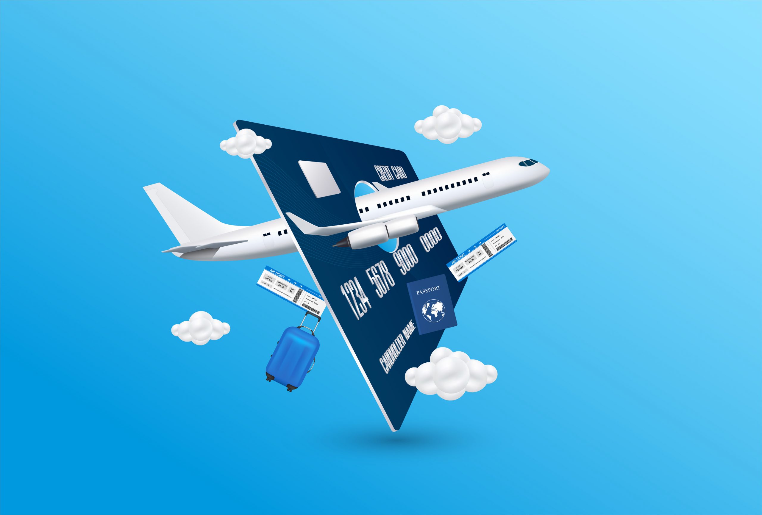 Airplane fly through credit card with air ticket passport luggage. Travel with credit card. Special privileges buy pay transfer money locally abroad all over the world. Transport concept. 3D Vector.