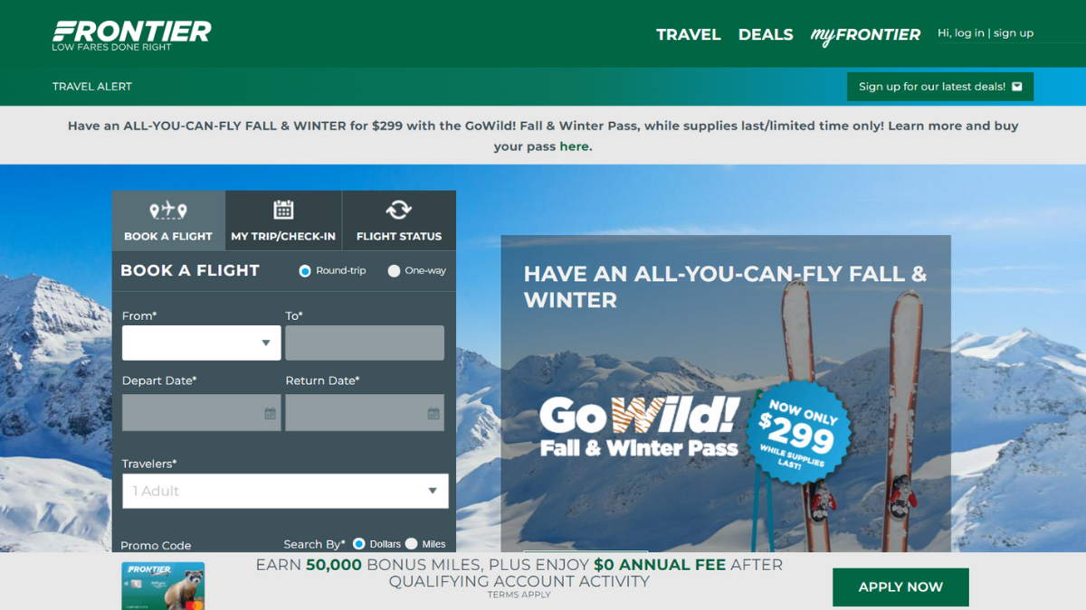 Frontier Airlines homepage
